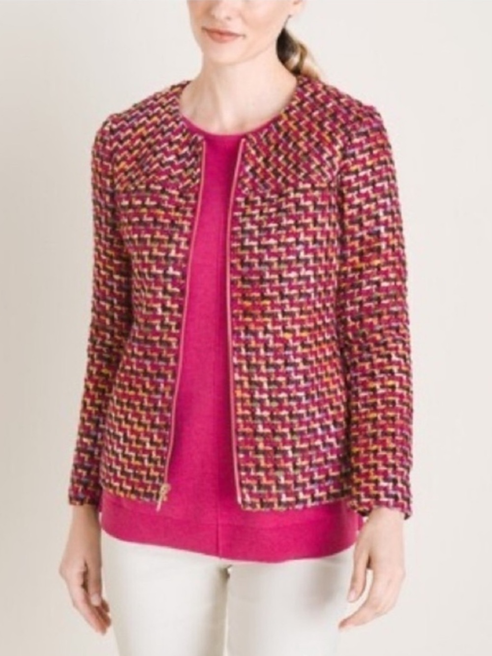 NEW! Chico’s Zip-Front Tweed Jacket Machine Washable Wool Blend. 8/10.